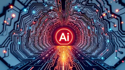 Abstract 3D Tunnel of Circuits with Glowing AI Symbol in the Center, Futuristic Illustration
