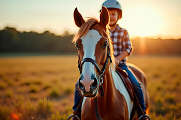 Fototapeta premium Child Riding Horse at Sunset