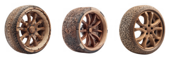 Three antique wooden cart wheels with rough texture and spokes, isolated on transparent background