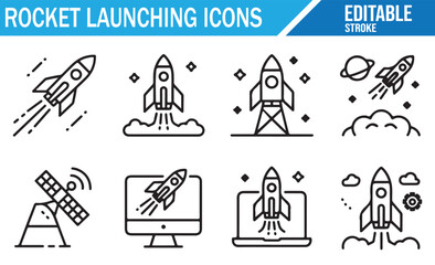 Icon Set for Rocket Launching and Space Travel in Editable Format