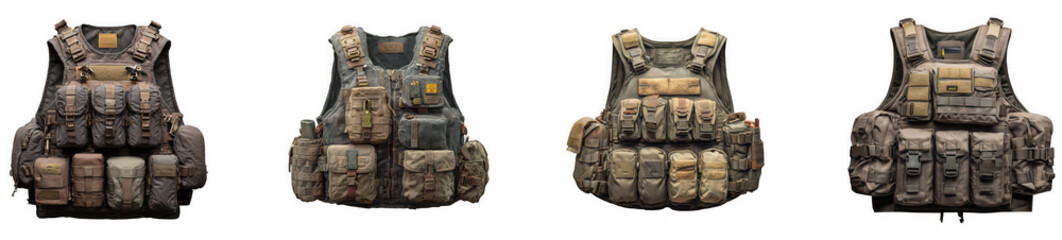 Four tactical vests with camouflage pattern isolated on transparent background