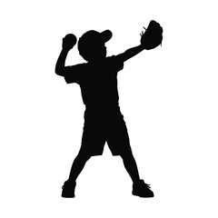 Silhouette of Young Baseball Player Pitching with Glove and Ball