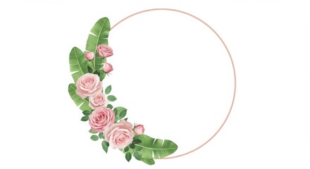 Elegant Pink Rose and Tropical Leaf Circular Frame.