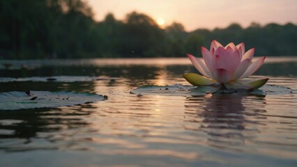 A pink lotus flower floats on a calm lake at sunrise