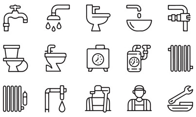 Minimal plumbing doodle pack with outline tools, pipes, radiators, sinks, and shower icons for repair and maintenance design.