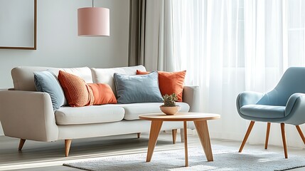 Beautiful Apartment, Sofa, Chair, Dining Table wall Mockup Interior design of modern living room