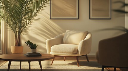 Beautiful Apartment, Sofa, Chair, Dining Table wall Mockup Interior design of modern living room