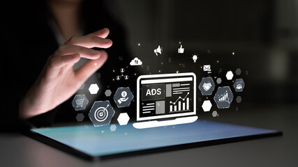 Fototapeta premium Online ads and digital marketing help brands grow. Content marketing builds engagement. Marketing tools boost ROI. Effective ads and marketing drive online business success. Spline