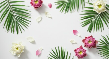 Vibrant Tropical Floral Arrangement with Lush Greenery and Delicate Petals on White Background.