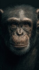 Close-Up Portrait of a Serious Chimpanzee Against a Dark Background