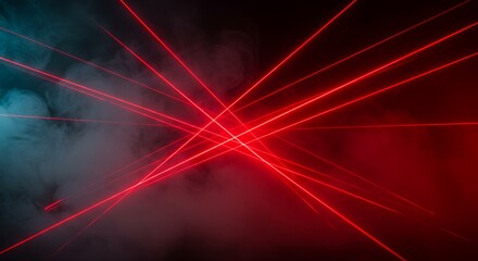 Futuristic abstract light show concept featuring vibrant red laser beams piercing through dense blue and red fog on a dark background