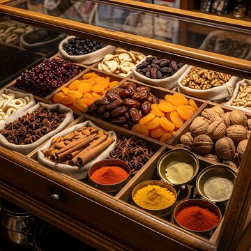 Dried Fruits, Nuts, and Spices Display Case.