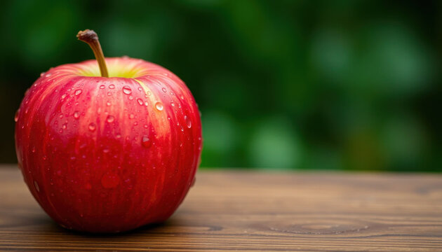 A red apple with water droplets sits on a wooden surface