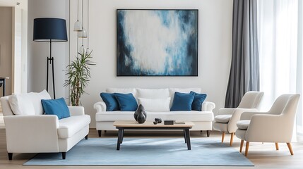 Beautiful Apartment, Sofa, Chair, Dining Table wall Mockup Interior design of modern living room