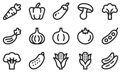 Modern linear vegetable food symbols featuring carrot, pepper, tomato, cucumber, corn, broccoli, and other farm crops.