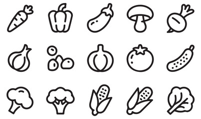 Fresh organic vegetables icon set in simple outline style for nutrition, cooking, healthy eating, and farm design projects.