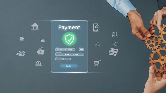 A modern digital payment interface showcasing secure payment confirmation, surrounded by various financial transaction icons and hands interacting with gears, illustrating technology. Raster