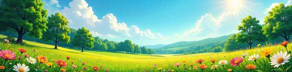 Fototapeta premium A vibrant summer landscape featuring lush green trees, a sun-drenched field of wildflowers, and a clear blue sky overhead, perfect for illustrating summer's beauty and tranquility , vibrant, meadow