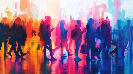 Colorful crowd of people walking