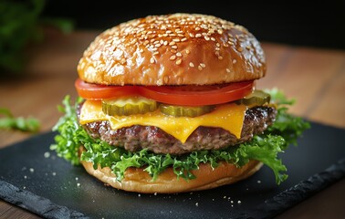 Delicious Cheeseburger With Fresh Vegetables on a Wooden Serving Board in a Bright Kitchen Setting