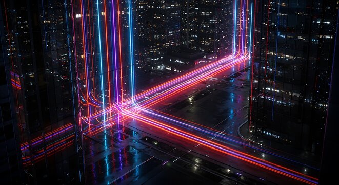 Futuristic urban landscape at night, illuminated by vibrant neon light trails representing high-speed data flow and advanced digital connectivity across modern city architecture