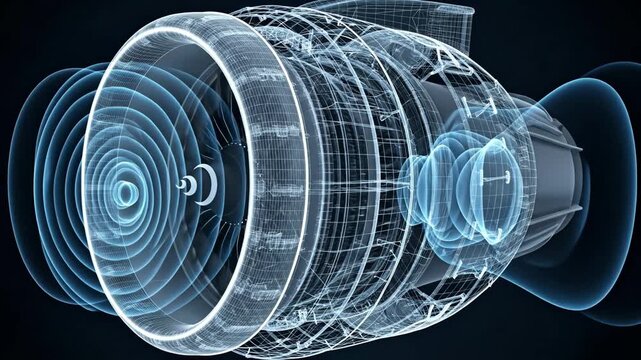 Rotating Airplane Engine Internal Components - A detailed, wireframe-style video of an airplane engine in motion, showcasing its intricate internal mechanisms and the airflow around it.