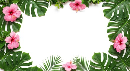 Fototapeta premium Lush Tropical Frame - Pink Hibiscus Monstera Leaves on White.