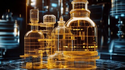 Futuristic wireframe chemical plant model glowing on digital interface - Powered by Adobe