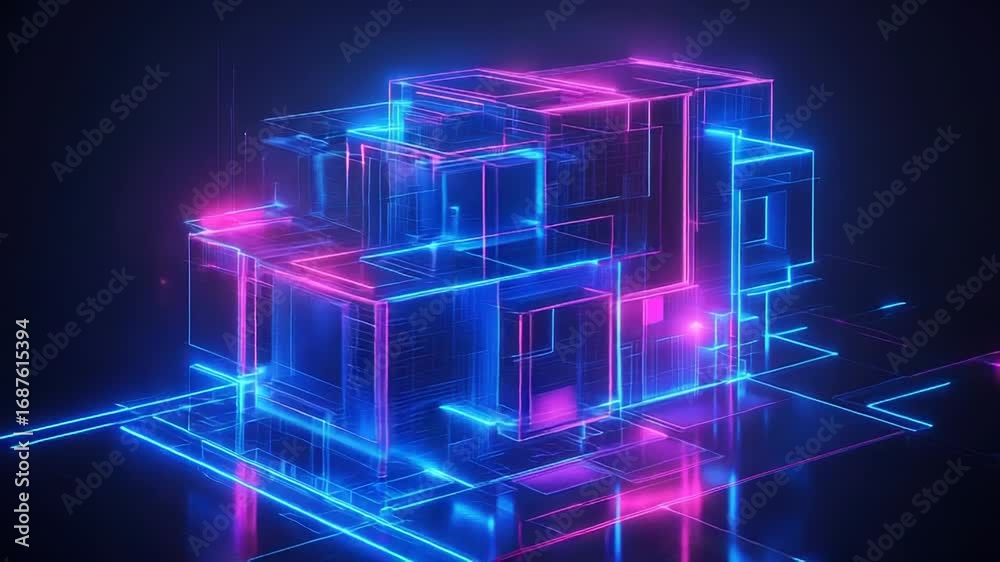 Wall mural futuristic glowing cubes creating abstract architectural structure