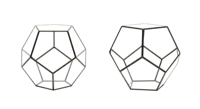 Two empty geometric glass terrariums with a dodecahedron shape and dark metal frames.