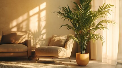 Fototapeta premium Beautiful Apartment, Sofa, Chair, Dining Table wall Mockup Interior design of modern living room