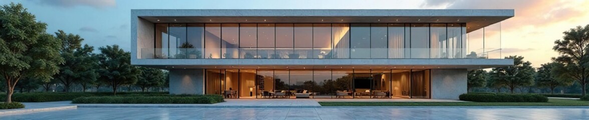 Obraz premium Modern, spacious office building with sleek glass facade and impressive architecture Ideal for corporate, real estate, and architectural websites , perspective, elevation