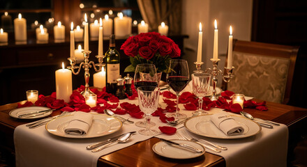  Intimate Romantic Candlelit Dinner Table for Two with Red Roses