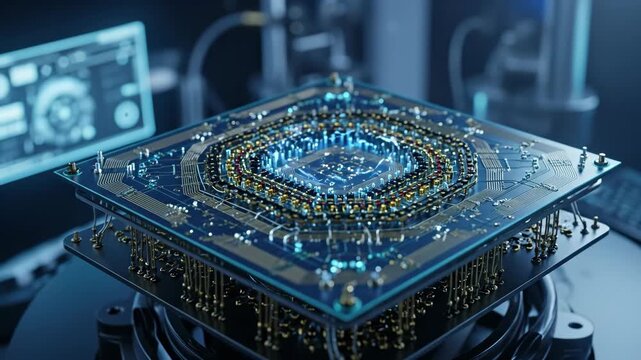 Quantum Computing Chip Closeup - A detailed close-up shot of a quantum computing chip, showcasing its intricate circuitry and complex design.