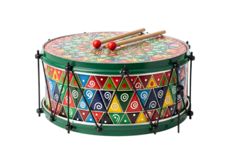 Vibrant, colorful drum with intricate geometric patterns, set against a stark black background.