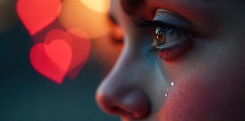 Close-up of a single tear rolling down a cheek, reflecting a blurred heart-shaped bokeh, symbolizing the bittersweet pain and beauty of lost love ,  remembrance,  loneliness,  heart