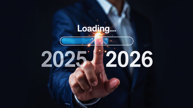 Businessman touches loading bar transitioning from 2025 to 2026 symbolizing progress and future business growth - Powered by Adobe