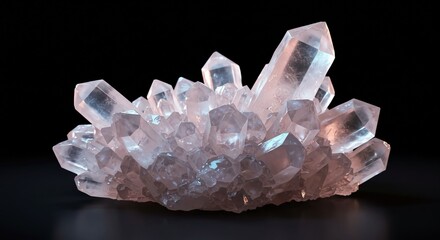 A cluster of clear quartz crystals with sharp, defined facets, illuminated against a dark background.