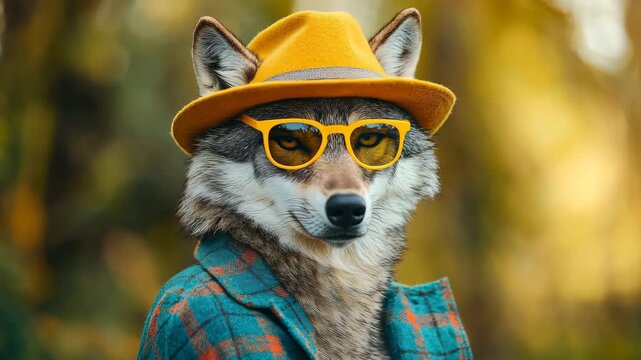 Stylish wolf in a yellow hat and glasses posing in a colorful forest during a sunny afternoon