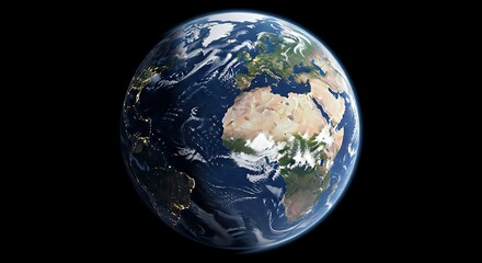 Fototapeta premium A realistic view of planet earth from space, showing continents, oceans, and city lights