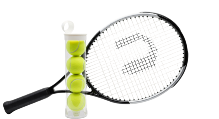 Tennis racket and tube of three yellow tennis balls.
