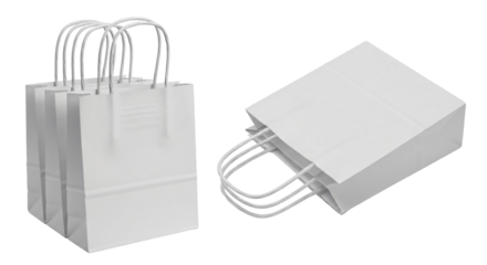 Stack of Blank Light Gray Paper Shopping Bags with Twisted Handles.