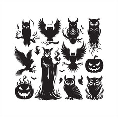 halloween owls vector silhouette sketch art logo illustration