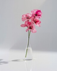 Pinke Blüten in klarer Vase mit Wasser als Stillleben im Studio