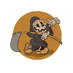 Retro cartoon Grim Reaper character holding a scythe. Cute skeleton in vintage 1930s animation style, smiling and waving in a funny spooky design. Perfect Halloween skeleton illustration for posters.