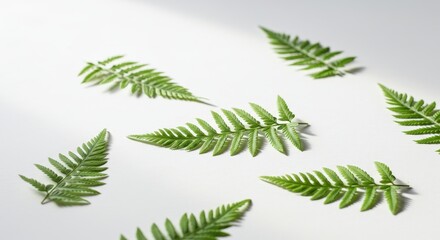 Elegant Green Fern Leaves Patterned on White Background with Subtle Sunlight Shadows.