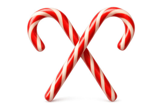 Two red and white candy canes crossing on transparent background