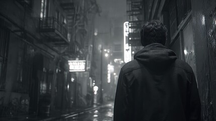 A man in a hooded jacket walking down a dark and wet city alleyway at night in black and white tone