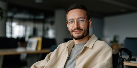 Obraz premium Young caucasian male with glasses in office setting
