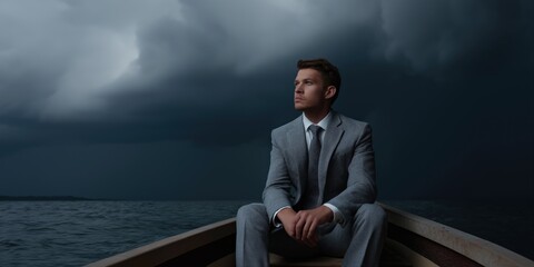 Caucasian young male in grey suit on boat amidst stormy sea and dark clouds